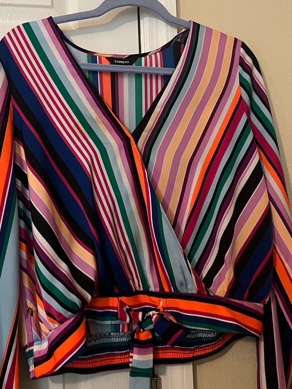 Express Striped Wrap Tie-Front Blouse in Multicolor Stripes